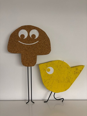 Decorative figures for kids' room new, cork mushroom and yellow wooden bird
