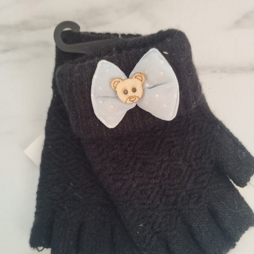 Fingerless gloves new with blue bow and wooden teddy bear