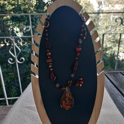 Boho handmade necklace used with glass pendant brown orange