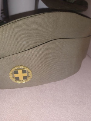 Military hats like new, officer's side cap and E.S jockey with emblem