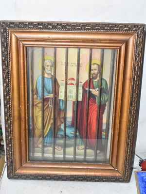 Vintage religious triple-view frame with Panagia, Saint Nicholas & Saints Peter and Paul used