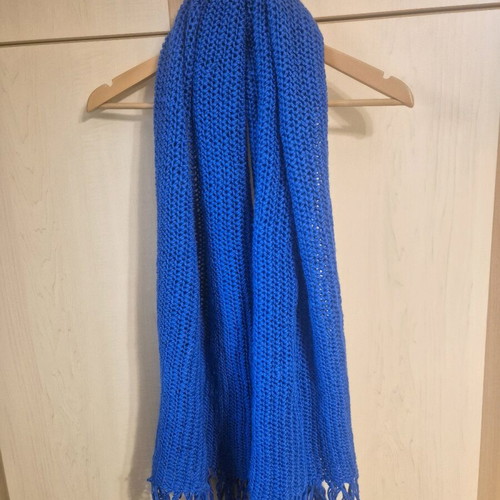 Large Handmade Knit Shawl Scarf with Fringes Blue New
