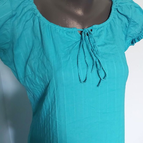 Amisu turquoise cotton tunic blouse with puff sleeves