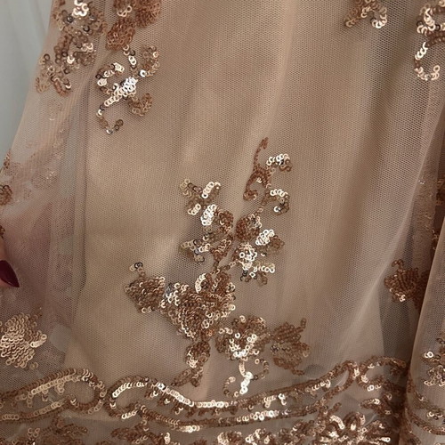 Women's beige jumpsuit like new with pink gold details and sheer sleeves