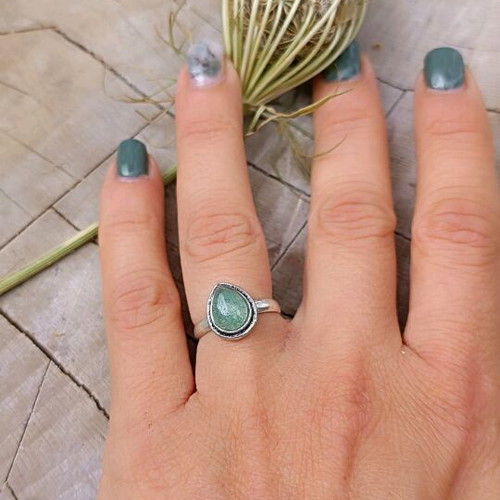 Silver-plated ring with aventurine, adjustable size, women's, new