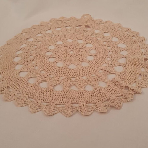 Handmade knitted doily used, beige, 32 cm