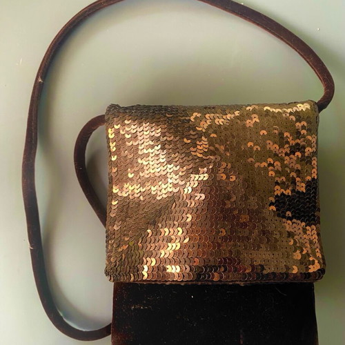 Velvet hand bag like new, brown with bronze sequins