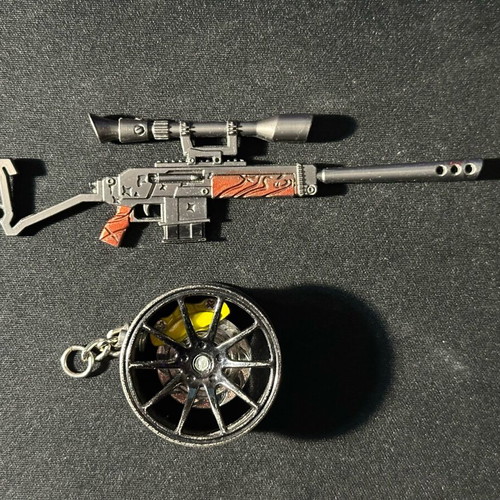 Fortnite semi-automatic sniper and disc brake wheel keychains like new, black and silver
