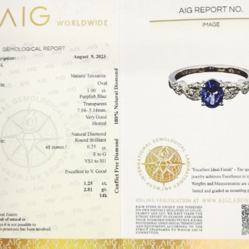 Tanzanite and diamond ring in 14 ct white gold, new