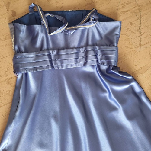 Satin evening dress with straps, lace bust and shawl, new, blue