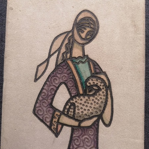 Pyrography artwork Storgi by Giorgos Katopodis used, signed, leather