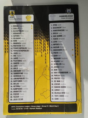 Match program AEK - Anderlecht used 26.09.2006 Champions League