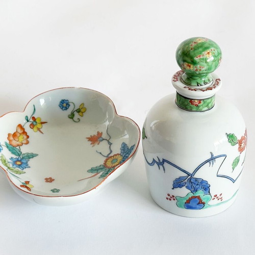 Antique Chantilly porcelain perfume bottle and dish used, Kakiemon style