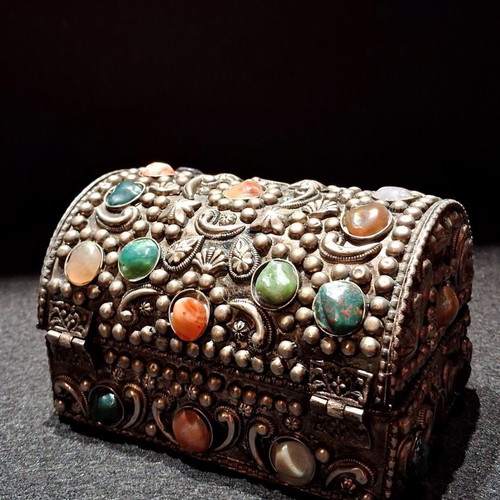 Vintage Moroccan Handmade Jewelry Box with Natural Semi-Precious Stones
