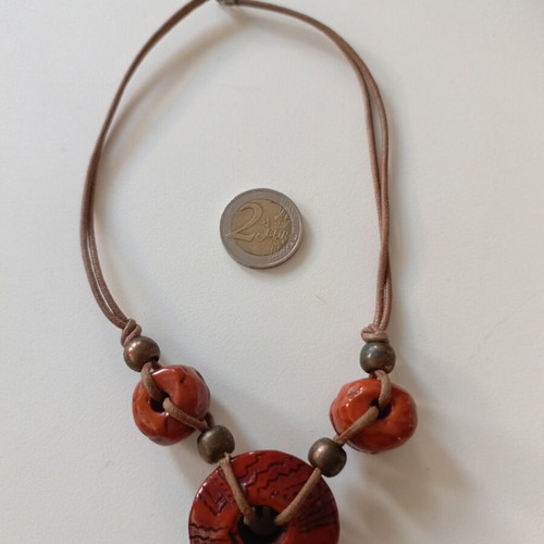 Boho Statement Pendant Necklace like new with terracotta red beads on brown leather cord