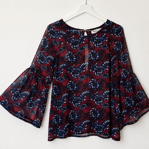 BSB thin blouse with subtle ruffles on sleeves and unique back, multicolor, size M