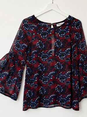 BSB thin blouse with subtle ruffles on sleeves and unique back, multicolor, size M