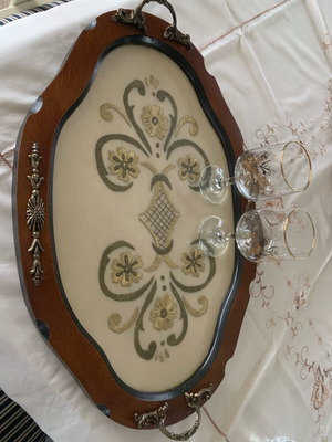 Antique serving tray like new with handmade embroidery