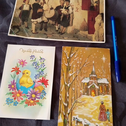 Greek postcards set of three used with writing and creases