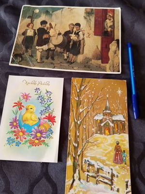 Greek postcards set of three used with writing and creases