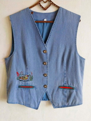 Vintage denim vest in Dirndl style with embroidery