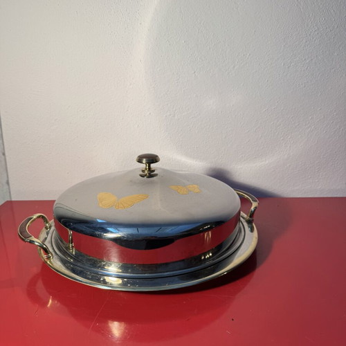 Stainless Steel Serving Tray with Lid used, gold details, 30 cm