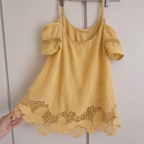 Boho Mustard Blouse with Embroidered Butterflies and Lace, Like New