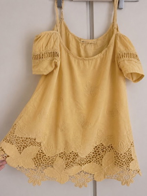 Boho Mustard Blouse with Embroidered Butterflies and Lace, Like New