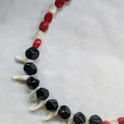 Handmade summer necklace with synthetic beads, red black white