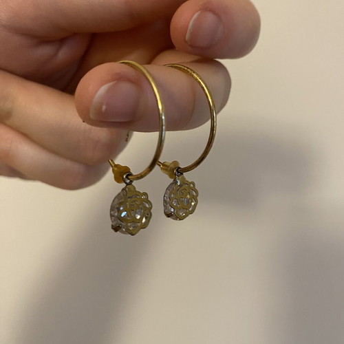 Gold-Tone Hoop Earrings with Crystal Rose Charms like new