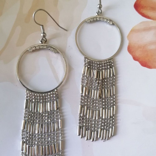 Long earrings new with hoop, rhinestones and dangling chains silver