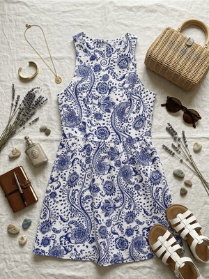 Next Mini Dress with Blue-White Paisley Print New, Size L
