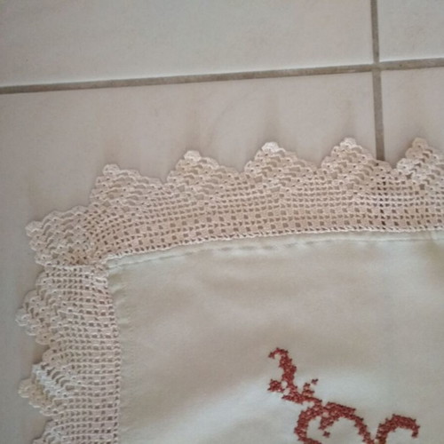 Embroidered handmade tablecloth used, beige with rose design
