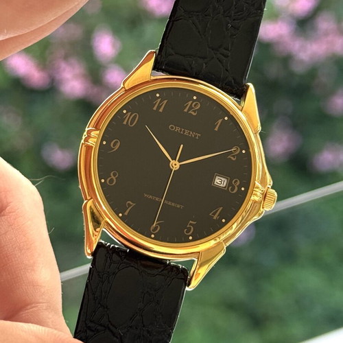 Orient Classic watch new, steel gold, leather strap, quartz