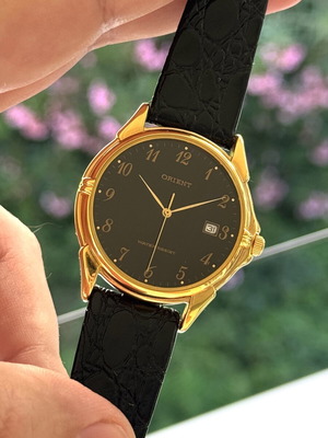 Orient Classic watch new, steel gold, leather strap, quartz