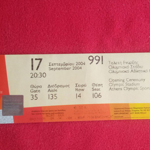 Opening Ceremony Ticket Paralympic Games Athens 2004 like new