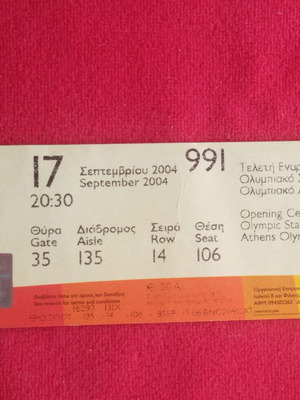 Opening Ceremony Ticket Paralympic Games Athens 2004 like new