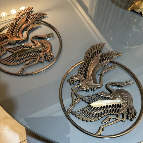 Handmade copper wall decorations set of 2 with stork relief