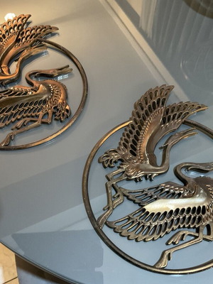 Handmade copper wall decorations set of 2 with stork relief