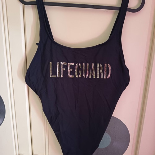 SugarFree Lifeguard One-Piece Swimsuit like new, black and gold
