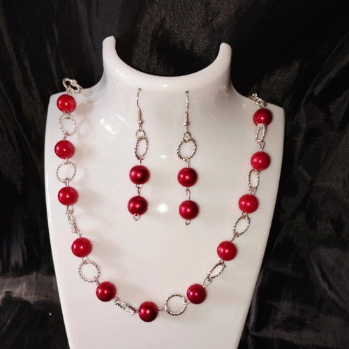 Handmade red beaded necklace and earrings set