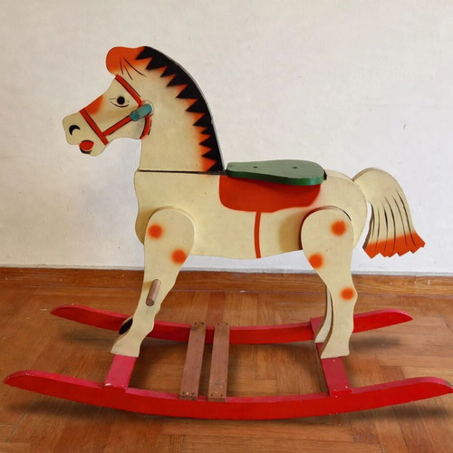 Vintage Handmade Wooden Rocking Horse used, folk art 70s, red pedals