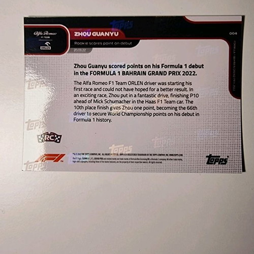 Topps Now F1 Formula 1 2022 Zhou Guanyu - Alfa Romeo F1 Team card