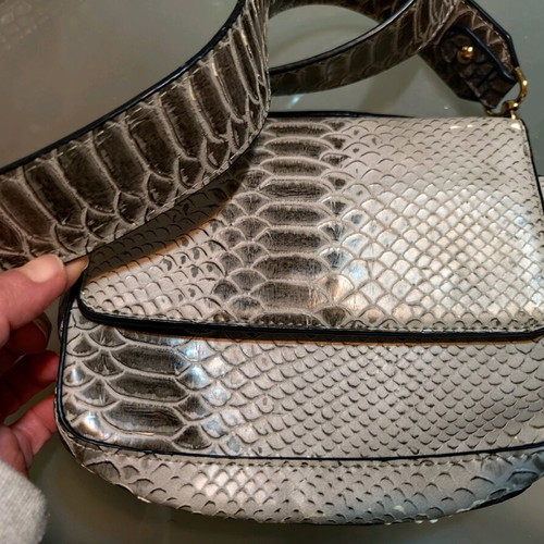 Double sided bag used, grey and silver croco-snake style