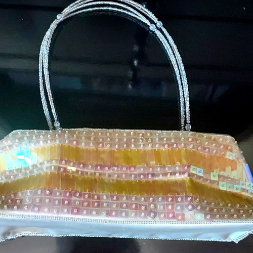 Evening bag used, shoulder type with beaded embroidery in white and gold