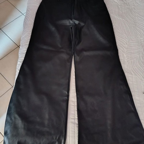 Black faux leather pants with button and elastic waist, size 3
