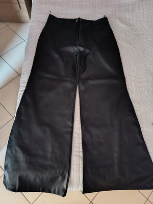 Black faux leather pants with button and elastic waist, size 3