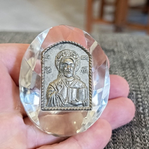 Vintage religious icon crystal and silver 825