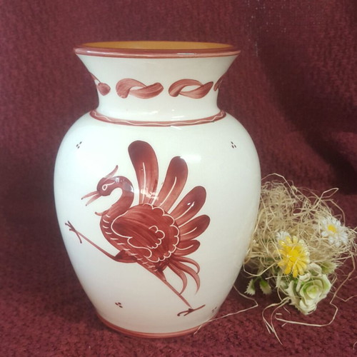 Vintage vase with flowers and peacock by Bulle Dubuis Bosshard like new