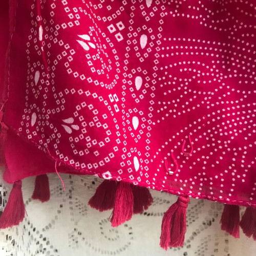 Large scarf like new, burgundy fuchsia pink with flowers and beads, cotton